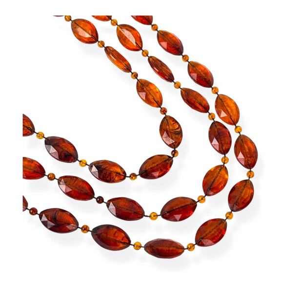Multi Strand Necklace Long Faux Amber Plastic Beads Translucent Marquise Vintage - Picture 1 of 8